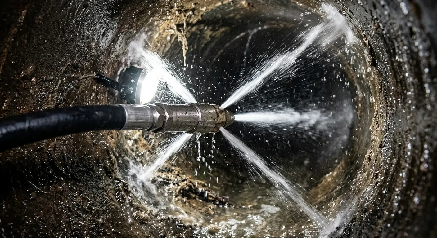 High-pressure hydro jetting nozzle cleaning sewer pipe for Sewer Cleanout in Tisbury