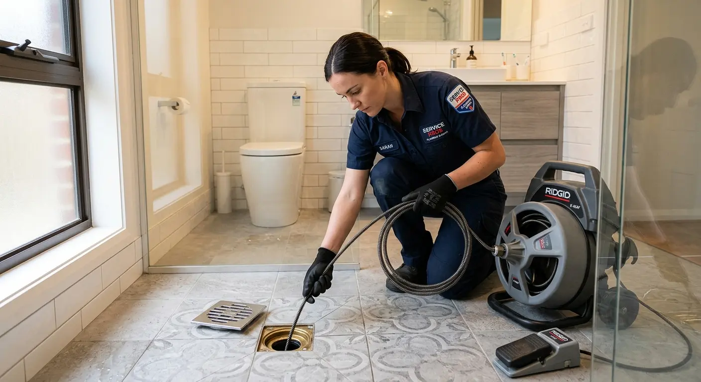 Technician clearing a bathroom floor drain for Sewer Line Replacement in Tisbury